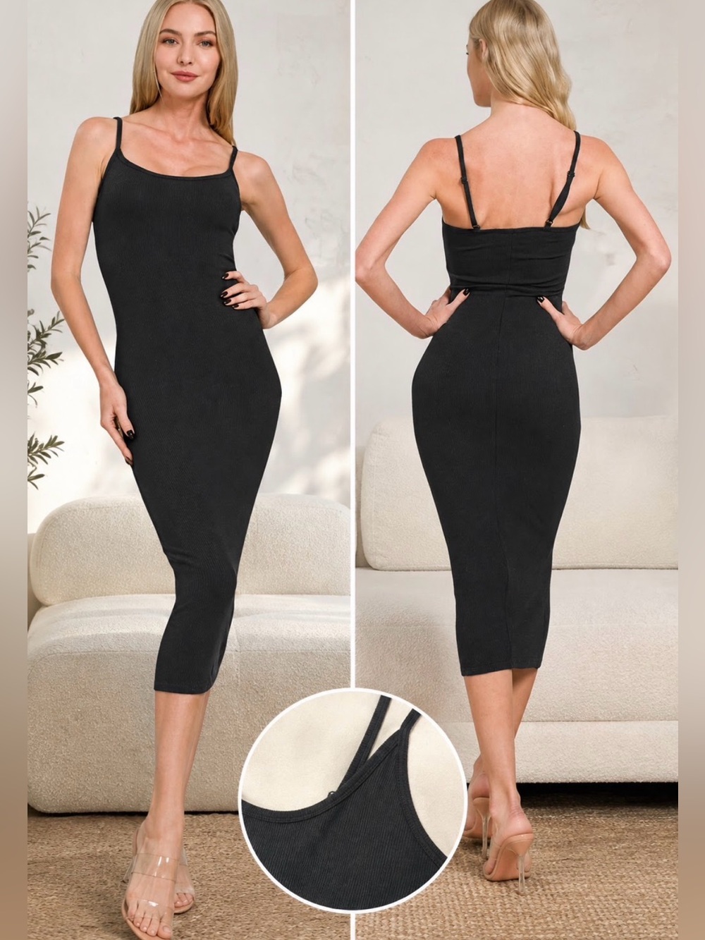 Zenana Black Ribbed Bodycon Midi Dress Women’s adjustable strap Sz S, M o L